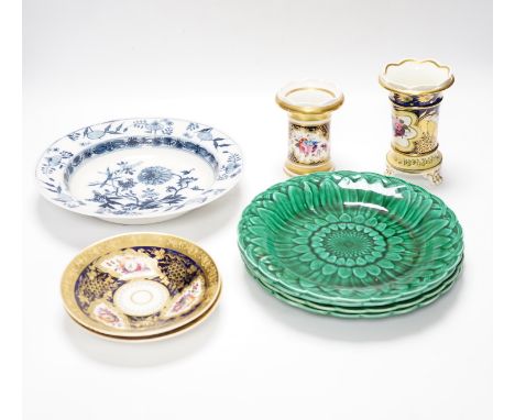 Four Victorian greenware plates, two Spode style vases, a pair of saucers and a blue and white plate