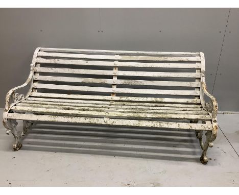 A Victorian Coalbrookdale style cast iron slatted garden bench, width 161cm, depth 66cm, height 74cm