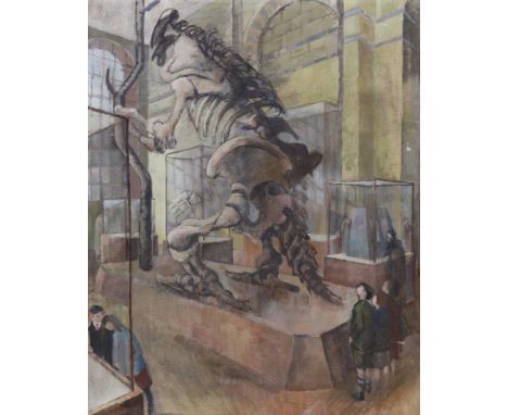Modern British, oil on canvas, Dinosaur skeleton in a museum, a sketch of a house verso, 76 x 61cm, unframed