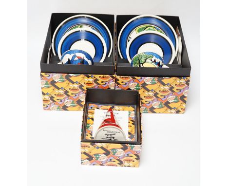 Two Wedgwood Clarice Cliff limited edition May Avenue trios together with a carpet conical sugar, each with boxes and certifi