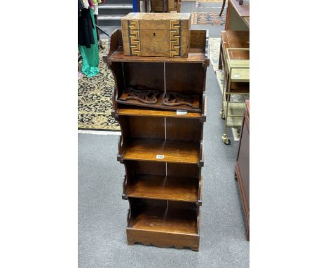 A Victorian style mahogany five tier narrow bookcase, width 36cm, depth 17cm, height 104cm,  Victorian parquetry inlaid tea c