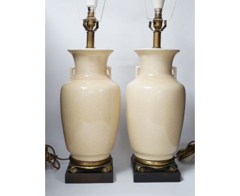 A pair of Chinese glazed table lamps, 43cm to ceramic top