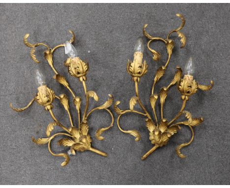 A pair two-light gilt twin branch wall sconces, 56cm high
