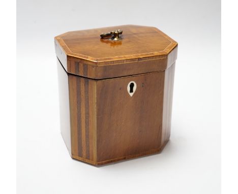 A Regency inlaid octagonal tea caddy and ivory escutcheon lock, 13cm high CITES Submission reference L5T8A768