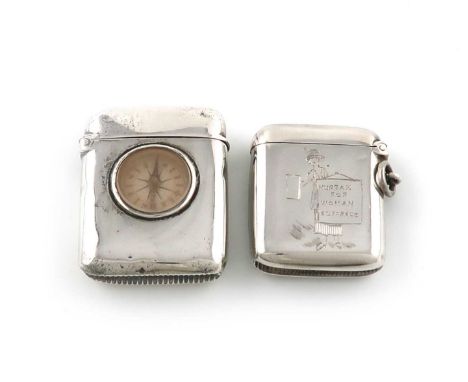 A late-Victorian silver vesta case,by A and J Zimmerman, Birmingham 1887,plain rectangular form, the centre set with a compas