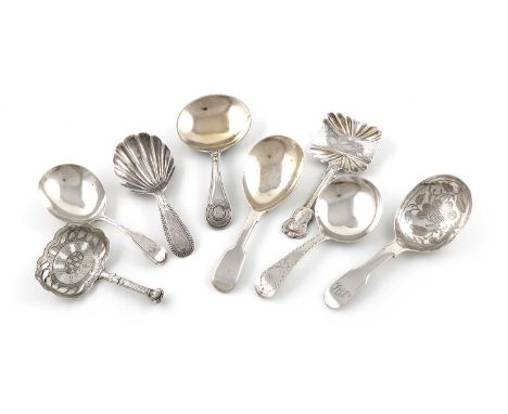 A collection of eight silver caddy spoons,comprising: a George III one by Joseph Taylor, Birmingham 1813, the rectangular bow