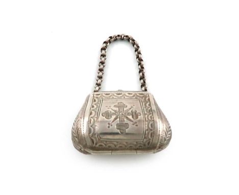 A Victorian novelty silver bag vinaigrette, by Hilliard and Thomason, Birmingham 1882, with engraved decoration, the interior