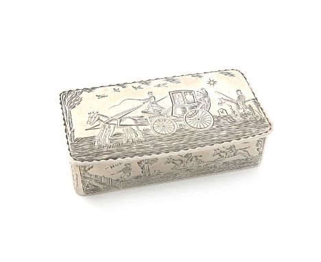 A silver snuff box,by D and J Wellby, London 1932,rectangular form, the hinged cover engraved with a carriage scene, the side