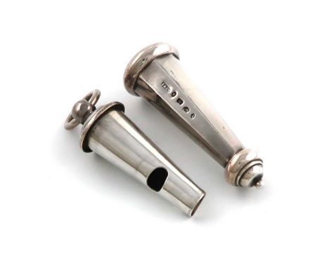 A Victorian silver whistle and case, by Joseph Jennens & Co., Birmingham probably 1875, tapering circular form, with a ring t