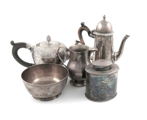 A collection of silver items,comprising: a teapot of bullet form, by Thomas of Bond Street, London 1911, chased foliate decor