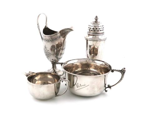 A mixed lot of silver items,comprising: a George III Exeter cream jug, by Richard Ferris, helmet form, engraved decoration, a