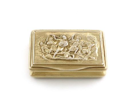A George III silver-gilt snuff box, by William Parker, London 1809, rectangular form, the hinged cover with a raised scene of