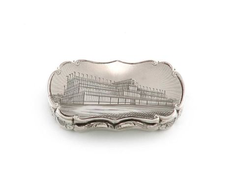 A Victorian silver engraved 'castle-top' vinaigrette, Crystal Palace, by David Pettifer, Birmingham 1850,  rounded rectangula