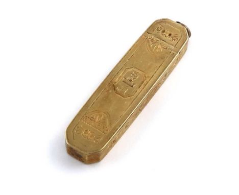 A George III silver-gilt toothpick box, by Samuel Pemberton, Birmingham, probably 1796, rectangular form, canted corners, eng