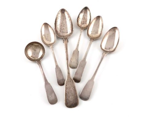 A collection of early-19th century Channel Islands silver Fiddle pattern flatware,by Jaques Quesnel, Jersey circa 1800-1820,c