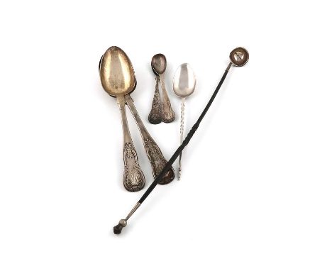 λA mixed lot of flatware,comprising: a Scottish provincial silver toddy ladle, by Ferguson and MacBean, Inverness circa 1890,