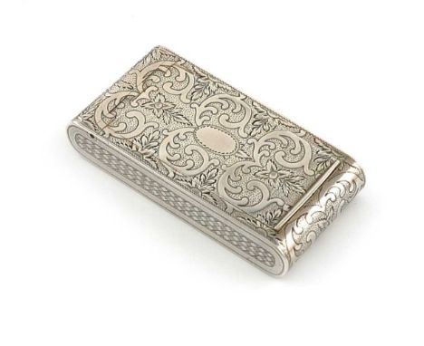 A George III silver snuff box, by John Shaw, Birmingham 1807, rounded rectangular form, flush-hinged cover, engraved foliate 