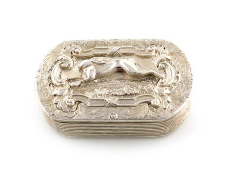 A George IV silver snuff box, by William Simpson, Birmingham 1829, oblong form, the cover with a raised running hare within f
