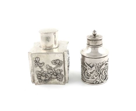 A Chinese silver tea caddy,by Kwan Wo,square form, incurved corners, pull-off cover with blossom and bird decoration, height 