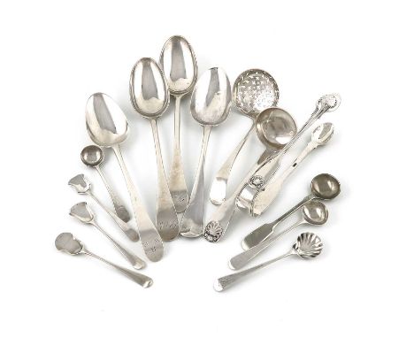 A mixed lot of silver flatware,various dates and makers,comprising: two Scottish tablespoons, Edinburgh 1778, two further tab