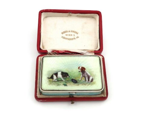 An Austrian silver and enamel box,retailed by Nissel and Sikora, Vienna, circa 1900-1920,rectangular form the hinged cover en