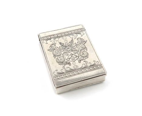 A George I silver snuff box, by Thomas Tearle, London circa 1720, rectangular form, the hinged cover engraved with an armoria