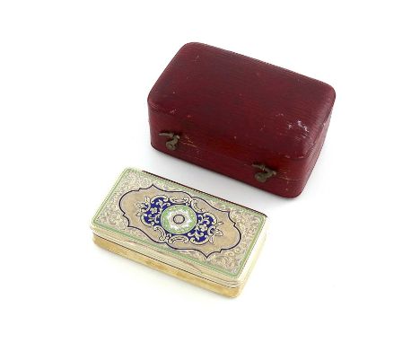 A 19th century French silver-gilt and enamel snuff box,Paris circa 1850,rectangular form, with blue, green and white foliate 