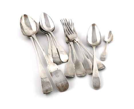 A collection of antique Irish silver flatware,various dates and makers,comprising: a George II hook-end basting spoon, maker'