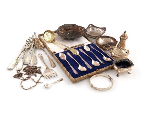 A mixed lot,comprising silver items: a shell butter dish, Birmingham 1895, a silver-gilt sifting spoon, a pierced dish, a des