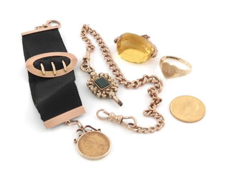 A small collection of gold items,including: a sovereign, 1915, a gold-mounted half-sovereign, a ring, a 9-carat chain, a gold