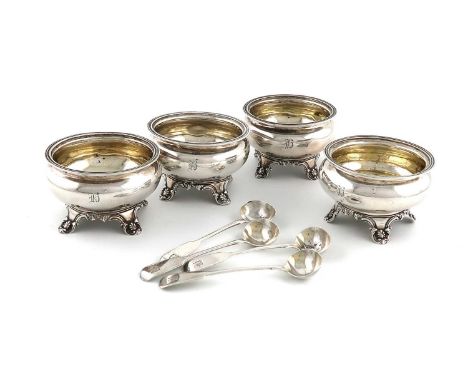 A matched set of four William IV/Victorian silver salt cellars,by J and A Savory, London 1836 and 1838,circular bellied form,