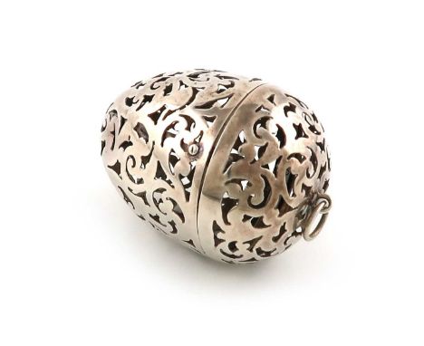 A Victorian silver tea infuser, by Yapp and Woodward, Birmingham 1854, ovoid form, pierced body, hinged cover with a ring att