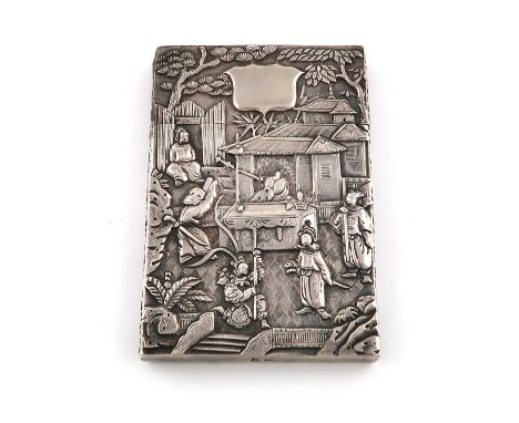 A 19th century Chinese silver card case, marked with Chinese characters and 90, rectangular form, embossed with figural scene