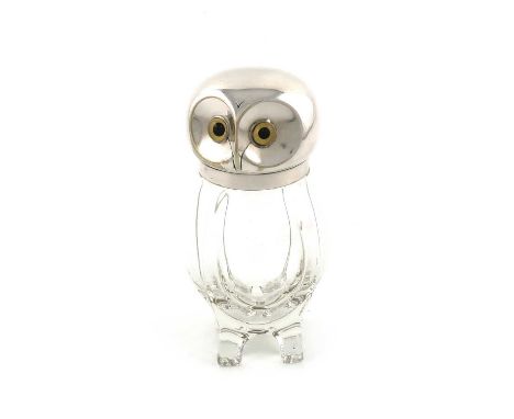 A continental novelty electroplated mounted owl toilet jar,bluster body on four bracket feet, the pull-off head set with glas