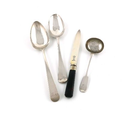A mixed lot of silver flatware,comprising: a Russian provincial tablespoon, Kostroma possibly 1776, maker's mark M.M. the rev