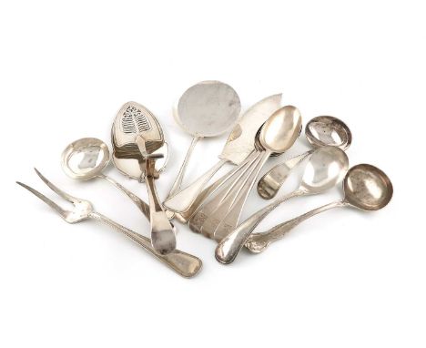 A mixed lot of silver flatware,comprising: a George III silver fish / serving slice, by William King, London 1818, pierced bl
