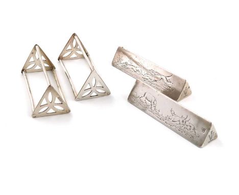 A pair of Victorian silver knife rests, by Reily and Storer, London 1847,  triangular form, engraved with stag hunting and co