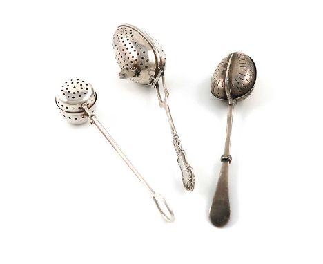 A Victorian silver spoon tea infuser, London 1893, hinged pierced oval bowl, plus another infuser spoon, Birmingham 1902, and