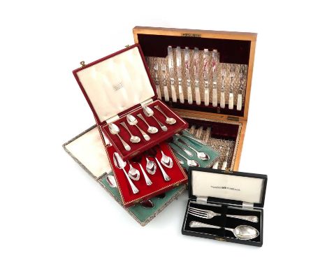 A collection of five cased sets of flatware,comprising: silver items, a set of six George III Old English pattern teaspoons, 