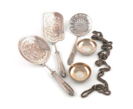 A mixed lot of metalware items,comprising: three Persian rice servers, the blade/bowls with pierced and engraved foliate deco