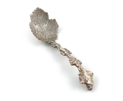 A William IV silver naturalistic sugar spoon, by Joseph Willmore, Birmingham 1834,  leaf bowl, branch and leaf handle, approx