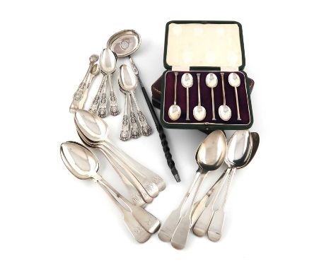 λA mixed lot of silver flatware,comprising: a set of six King's pattern dessert spoons, by William Chawner, London 1830, plus