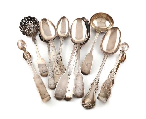 A collection of 19th century Channel Islands silver flatware, by John Le Gallais, Jersey, overstriking London makers, 1855-18