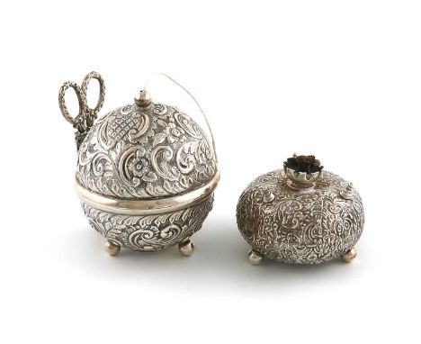 A late-Victorian silver string box and scissors,by H. Matthews, Birmingham 1898,globe form, embossed foliate scroll decoratio