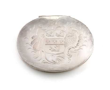 An 18th century silver snuff box, unmarked,  oval form, the hinged cover engraved with an armorial within foliate mantling, s