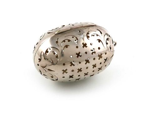 A Victorian silver tea infuser, by Thomas Johnson, London 1868, ovoid form, pierced body, hinged cover with a ring attachment