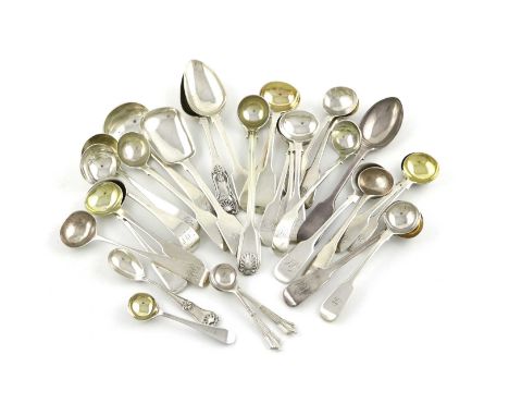 A mixed lot of silver flatware,various dates and makers,comprising: a sugar spoon, London 1852, seven condiment ladles, three