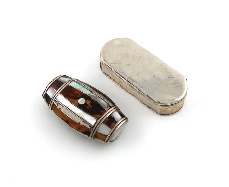 λA 19th century silver-mounted mother-of-pearl and tortoiseshell snuff box,unmarkedbarrel form, with alternate panels of deco