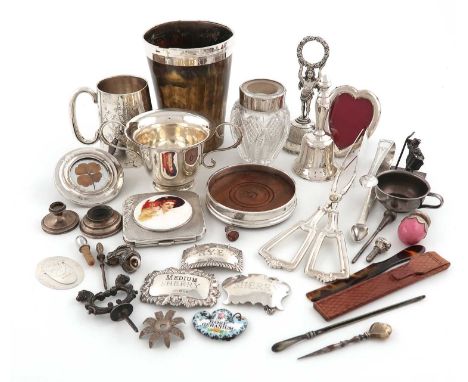 λA mixed lot of silver items,including: a silver-mounted horn beaker, Sheffield 1838, a mug, a two-handled porringer, a small