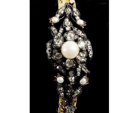 A late 19th century continental bracelet - the central openwork foliate panel set old and rose cut diamonds and pearls, mount
